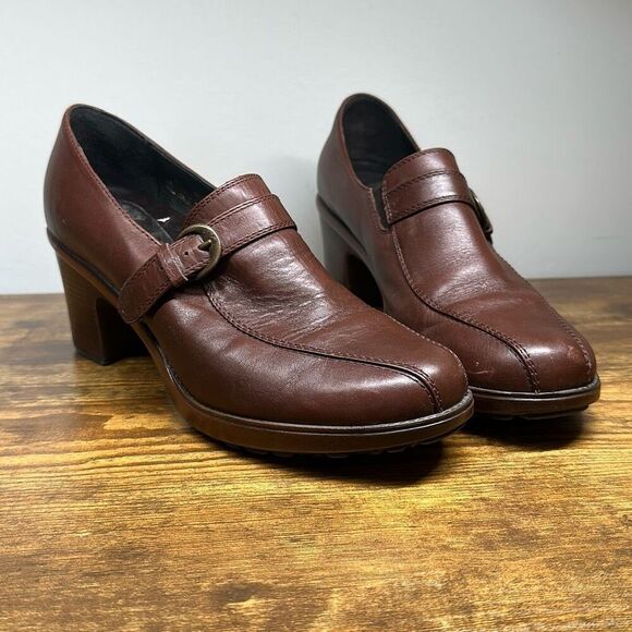 Dansko Norah Heels Womens 8.5 39 Brown Leather Slip On Belted Chunky Shoes Y2K - Picture 1 of 11